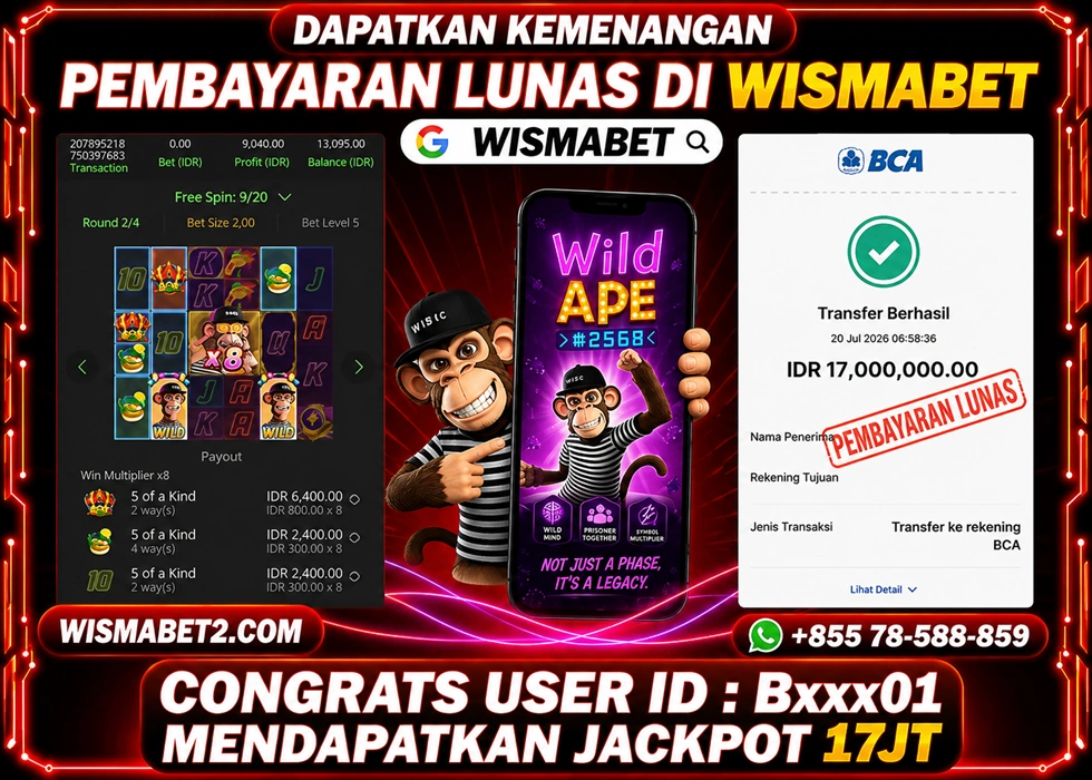 WISMABET - BUKTI KEMENANGAN JACKPOT Wild Ape Rp17,000,000,- LUNAS